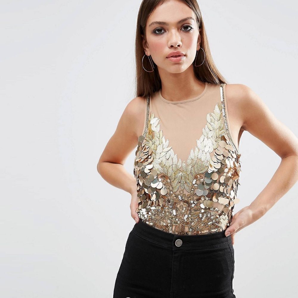 ASOS Premium Gold Flame Embellished Mesh Bodysuit – Size 0